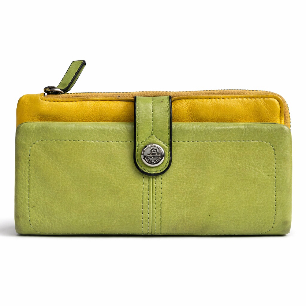 B Makowsky Soft Leather Wallet Green Yellow Colorblock Zip Around Organizer Clut - Picture 2 of 8